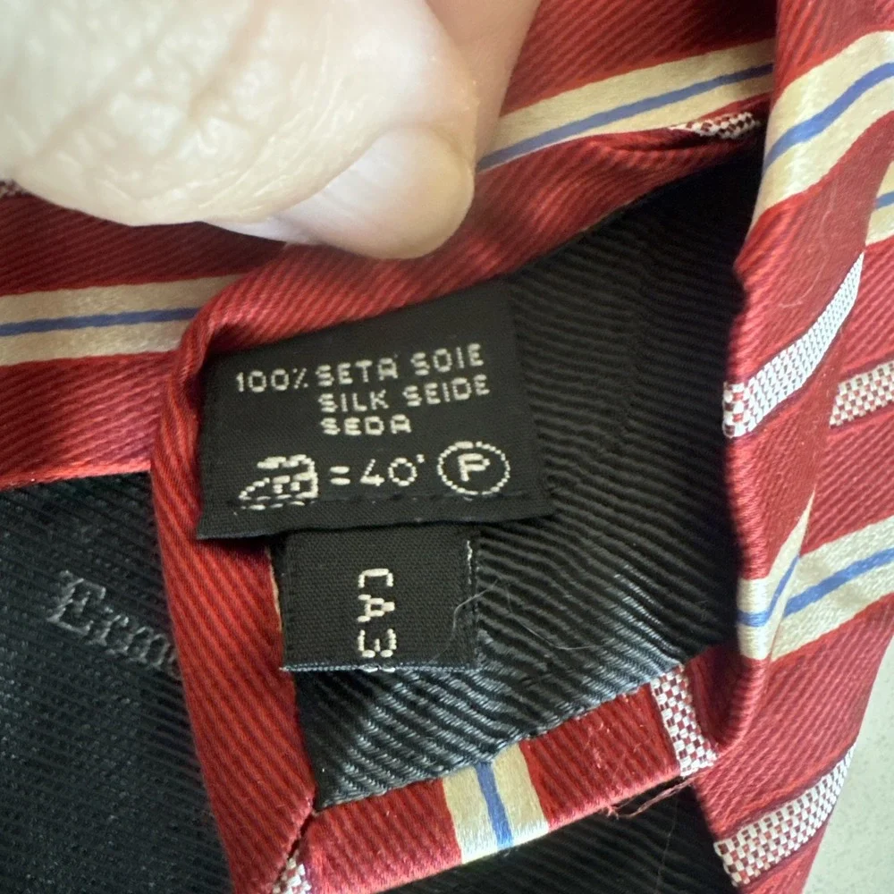 Ermenegildo Zinga 100% Silk Tie Red‎ White Blue Stripe Pattern